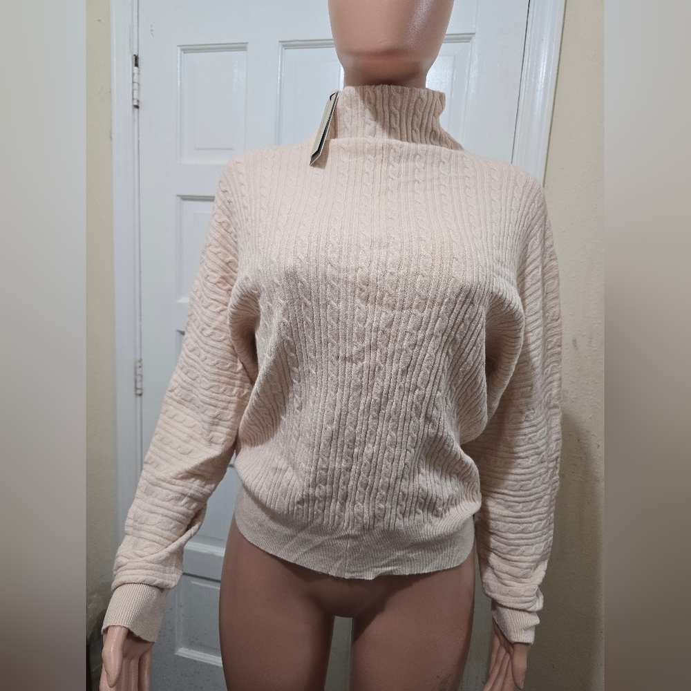 Tahari Women's Beige Cable Knit Turtleneck Sweater